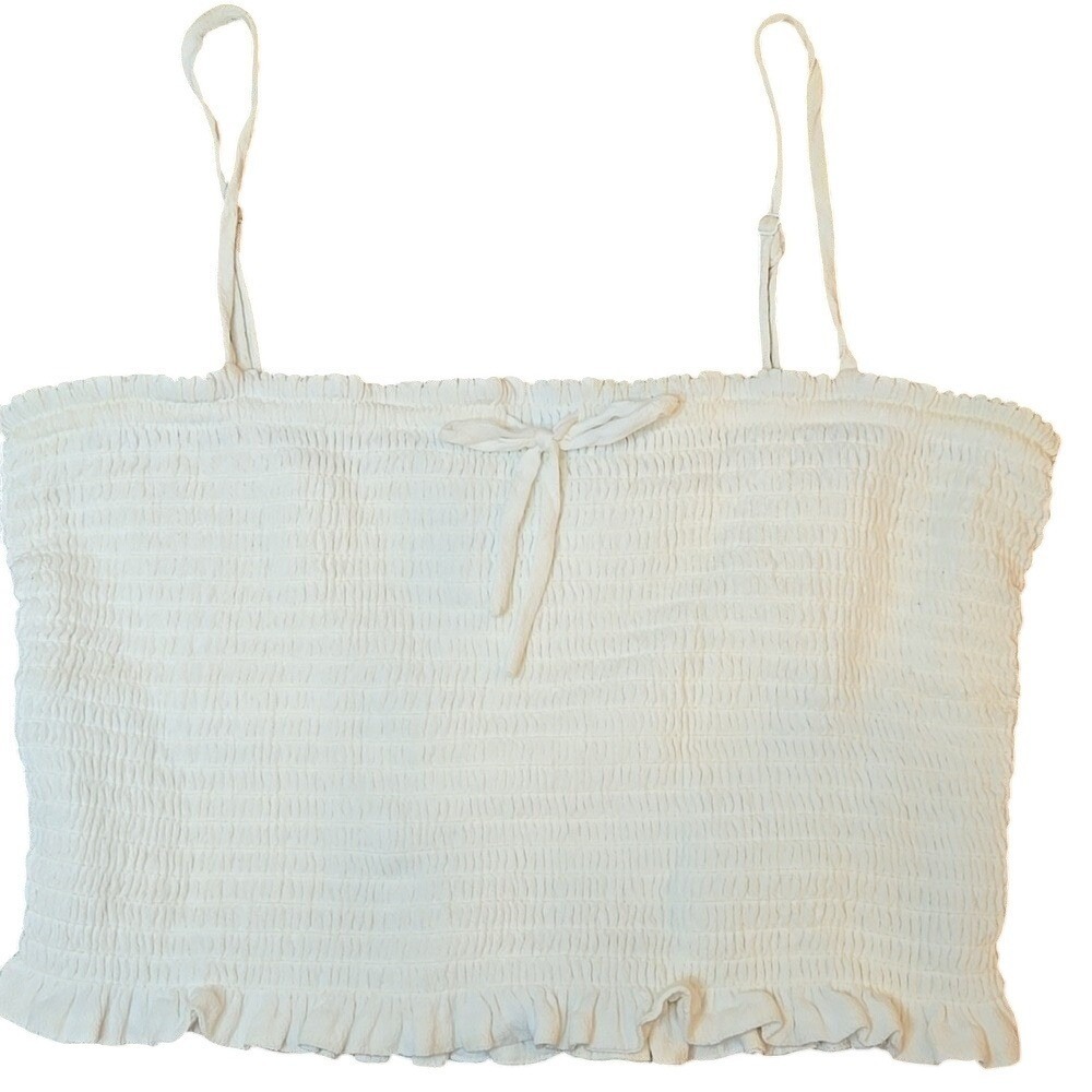 Aritzia Wilfred Tank Top Cropped White Cream Ruched Ruffle Spaghetti Cami Medium